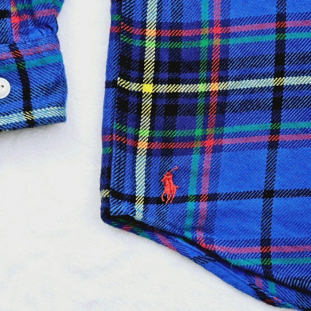 Polo Ralph Lauren Flannel Shirt Mens Medium Blue Plaid Classic Fit Cotton Tartan